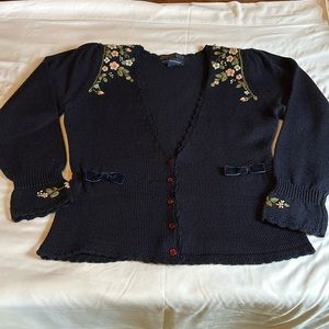 Embroidered Navy Blue Cardigan Sweater